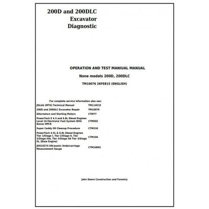 John Deere 200D and 200DLC Excavator Pdf Diagnostic, Operation and Tests Service Manual TM10076