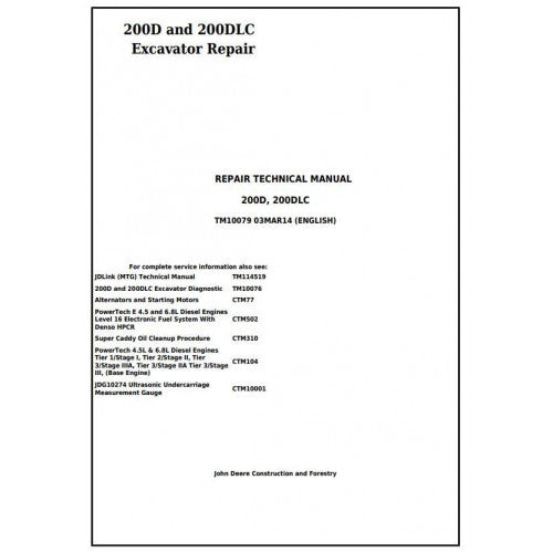 John Deere 200D and 200DLC Excavator Pdf Technical Repair Service Manual TM10079