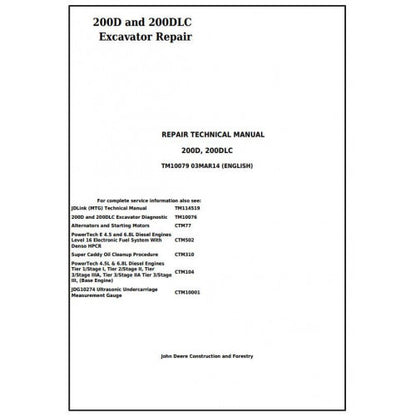 John Deere 200D and 200DLC Excavator Pdf Technical Repair Service Manual TM10079