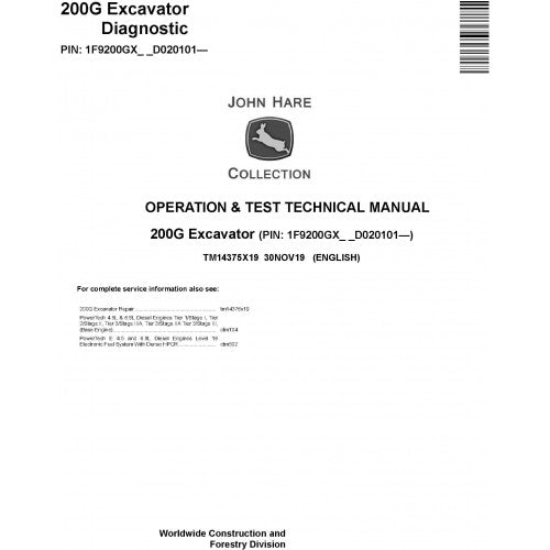 John Deere 200G Excavator Pdf Diagnostic, Operation and Tests Service Manual TM14375X19