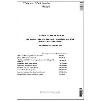 John Deere 204K and 304K (iT4) Compact Loader Pdf Technical Repair Service Manual TM12988