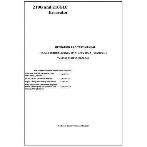 John Deere 210G, 210GLC Excavator Pdf Diagnostic, Operation and Tests Service Manual TM12330