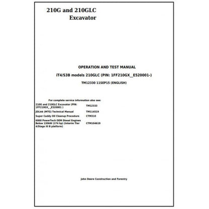 John Deere 210G, 210GLC Excavator Pdf Diagnostic, Operation and Tests Service Manual TM12330
