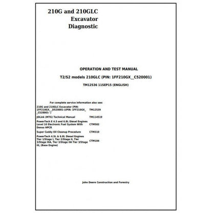 John Deere 210G, 210GLC Excavator Pdf Diagnostic, Operation and Tests Service Manual TM12536