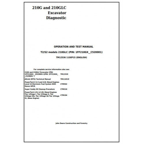 John Deere 210G, 210GLC Excavator Pdf Diagnostic, Operation and Tests Service Manual TM12536