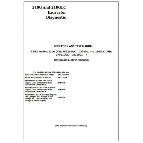 John Deere 210G, 210GLC Excavator Pdf Diagnostic, Operation and Tests Service Manual TM13076X19