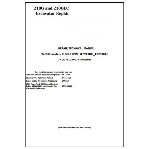 John Deere 210G, 210GLC Excavator Pdf Technical Repair Service Manual TM12333