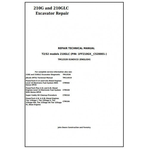 John Deere 210G and 210GLC Excavator Pdf Technical Repair Service Manual TM12539