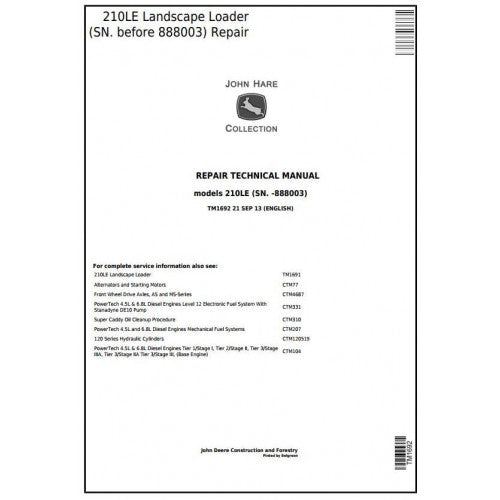 John Deere 210LE Landscape Loader Pdf Technical Repair Service Manual TM1692