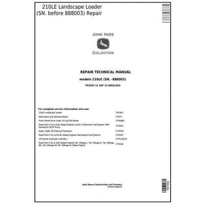 John Deere 210LE Landscape Loader Pdf Technical Repair Service Manual TM1692