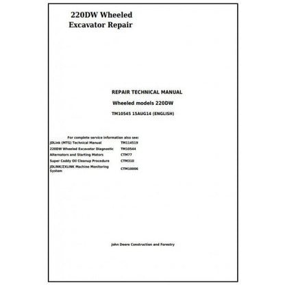 John Deere 220DW Wheeled Excavator Pdf Technical Repair Service Manual TM10545