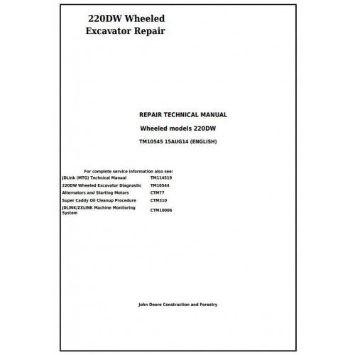 John Deere 220DW Wheeled Excavator Pdf Technical Repair Service Manual TM10545