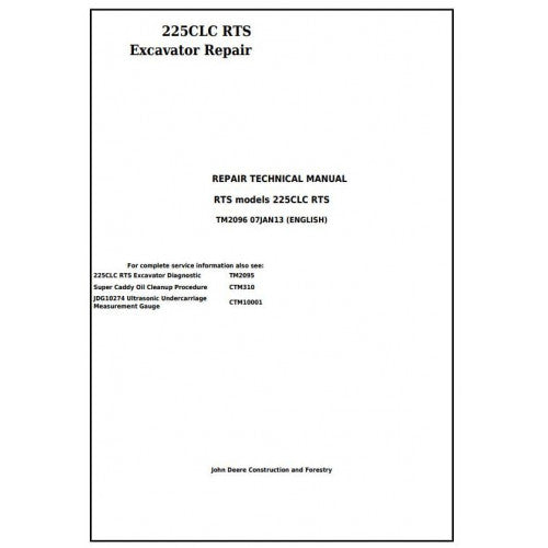 John Deere 225CLC RTS Excavator Pdf Technical Repair Service Manual TM2096