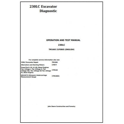 John Deere 230LC Excavator Pdf Diagnostic, Operation and Tests Service Manual TM1665