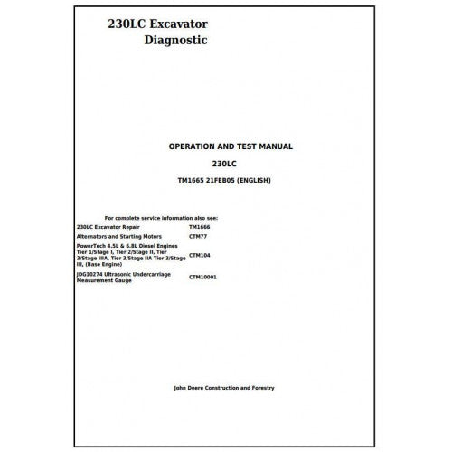 John Deere 230LC Excavator Pdf Diagnostic, Operation and Tests Service Manual TM1665