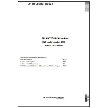 John Deere 244H 4WD Loader Pdf Technical Repair Service Manual TM1629