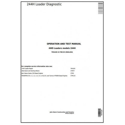 John Deere 244H Compact Loader Pdf Diagnostic, Operation and Tests Service Manual TM1628