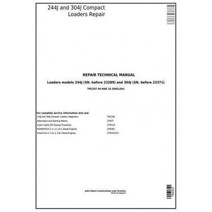 John Deere 244J, 304J Compact Loader Pdf Technical Repair Service Manual TM2207