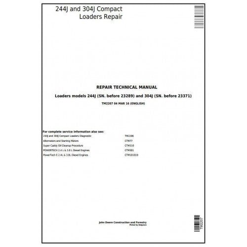 John Deere 244J, 304J Compact Loader Pdf Technical Repair Service Manual TM2207