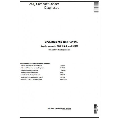 John Deere 244J Compact Loader Pdf Diagnostic, Operation and Tests Service Manual TM11214