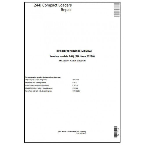 John Deere 244J Compact Loader Pdf Technical Repair Service Manual TM11215