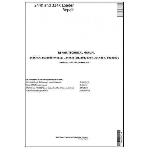 John Deere 244K, 224K-II, 324K Loader Pdf Technical Repair Service Manual TM13279X19