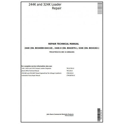 John Deere 244K, 224K-II, 324K Loader Pdf Technical Repair Service Manual TM13279X19