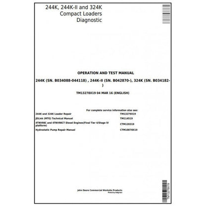 John Deere 244K, 244K-II, 324K Compact Loader Pdf Diagnostic, Operation and Tests Service Manual TM13278X19