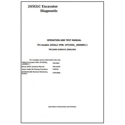 John Deere 245GLC iT4 Excavator Pdf Diagnostic, Operation and Tests Service Manual TM12660