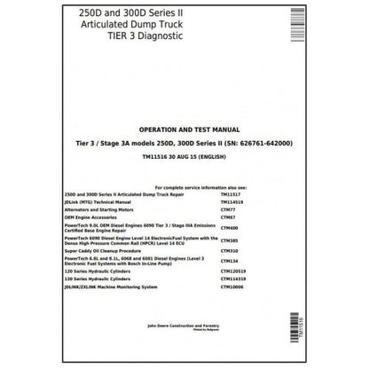 John Deere 250D, 300D Articulated Dump Truck Pdf Diagnostic, Operation and Tests Service Manual TM11516
