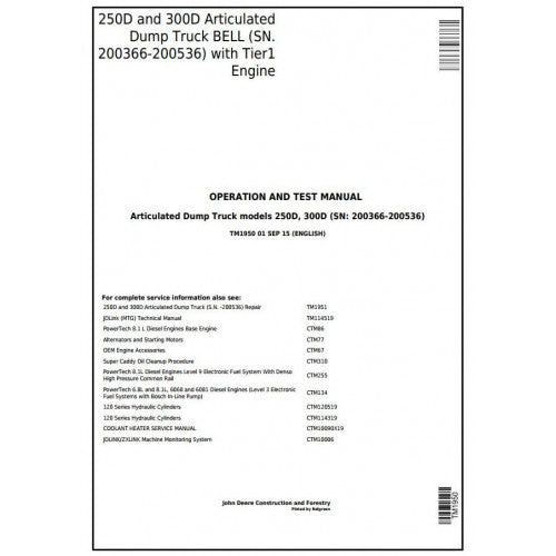 John Deere 250D, 300D Articulated Dump Truck Pdf Diagnostic, Operation and Tests Service Manual TM1950