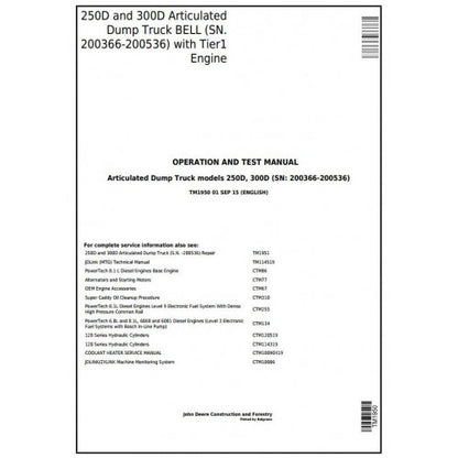 John Deere 250D, 300D Articulated Dump Truck Pdf Diagnostic, Operation and Tests Service Manual TM1950