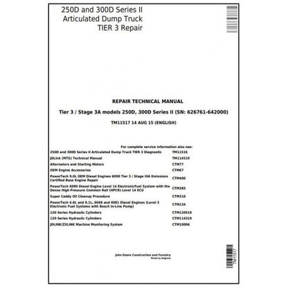 John Deere 250D, 300D Articulated Dump Truck Pdf Technical Repair Manual TM11517