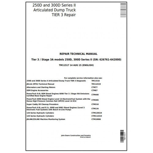 John Deere 250D, 300D Articulated Dump Truck Pdf Technical Repair Manual TM11517