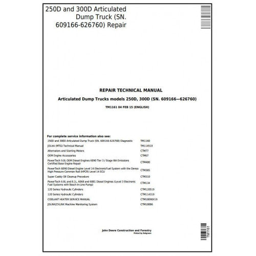 John Deere 250D, 300D Articulated Dump Truck Pdf Technical Repair Manual TM1161