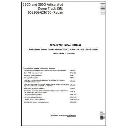 John Deere 250D, 300D Articulated Dump Truck Pdf Technical Repair Manual TM1161