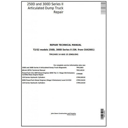 John Deere 250D, 300D Articulated Dump Truck Pdf Technical Repair Manual TM12405