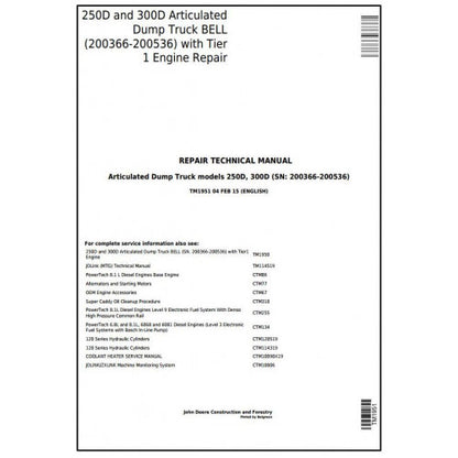 John Deere 250D, 300D Articulated Dump Truck Pdf Technical Repair Manual TM1951