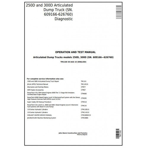 John Deere 250D and 300D Articulated Dump Truck Pdf Diagnostic, Operation and Tests Service Manual TM1160