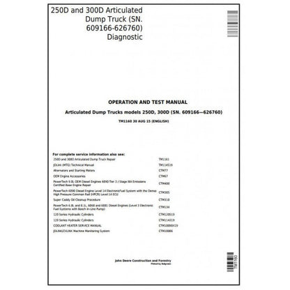 John Deere 250D and 300D Articulated Dump Truck Pdf Diagnostic, Operation and Tests Service Manual TM1160