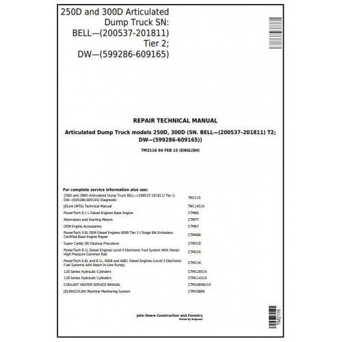 John Deere 250D and 300D Articulated Dump Truck Pdf Technical Repair Manual TM2116