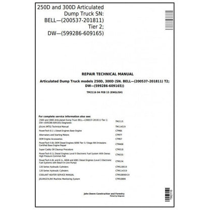 John Deere 250D and 300D Articulated Dump Truck Pdf Technical Repair Manual TM2116