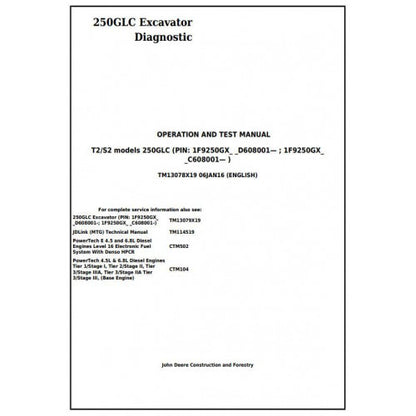 John Deere 250GLC Excavator Pdf Diagnostic, Operation and Tests Service Manual TM13078X19