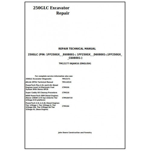 John Deere 250GLC Excavator Pdf Technical Repair Service Manual TM12177