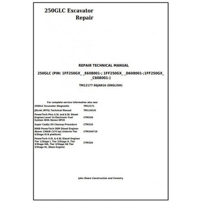 John Deere 250GLC Excavator Pdf Technical Repair Service Manual TM12177