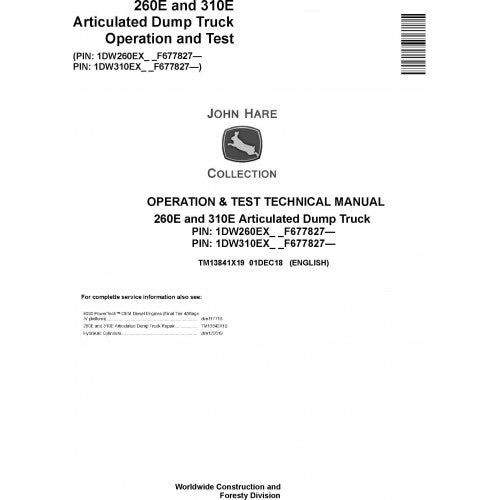 John Deere 260E, 310E Articulated Dump Truck Pdf Diagnostic, Operation and Tests Service Manual TM13841X19
