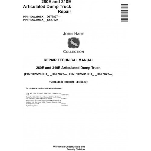 John Deere 260E, 310E Articulated Dump Truck Pdf Technical Repair Manual TM13844X19