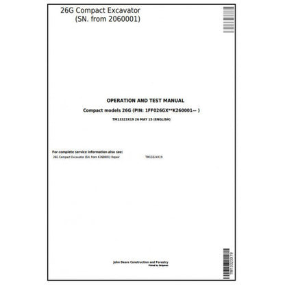 John Deere 26G Compact Excavator Pdf Diagnostic, Operation and Tests Service Manual TM13323X19