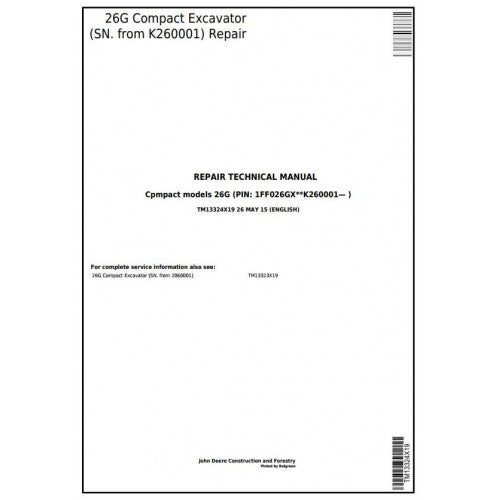 John Deere 26G Compact Excavator Pdf Technical Repair Service Manual TM13324X19