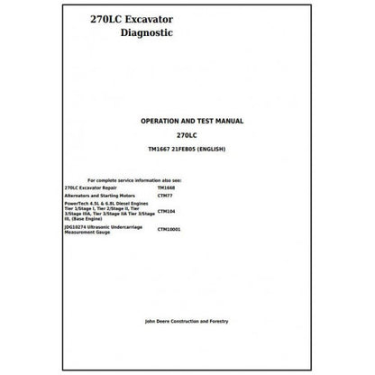 John Deere 270LC Excavator Pdf Diagnostic, Operation and Tests Service Manual TM1667